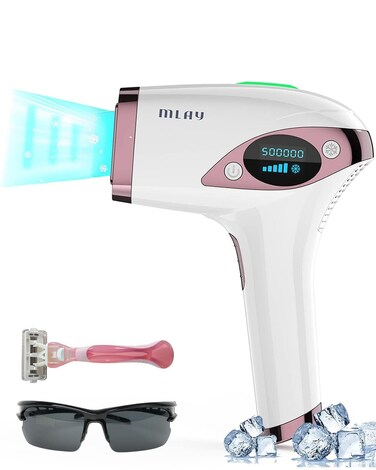 MLAY IPL Hair Removal for Women/Men, 15.5J High Energy IPL Hair Removal Device with Painless Ice Cooling on Facial Legs Bikini Line with Razor &amp; Goggles, IPL Hair Remover Device - Rose Gold
