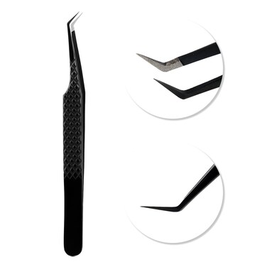 VAVALASH Lash Tweezers for Eyelash Extensions, Fiber Tip Diamond Grip 45 Degree Tweezers, Professional Precision Black Lash Tweezers for Volume &amp; Classic Lashes