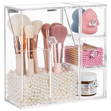 HBlife Makeup Brush Holder, Acrylic Makeup Organizer with 2 Brush Holders and 3 Drawers Dustproof Box, Free Beige Pearl Included