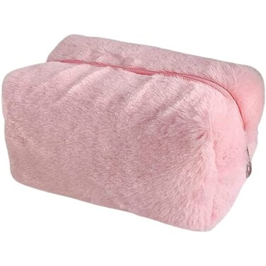 AKOAK 1 Pack Plush Makeup Bag Women's Soft Plush Cosmetics Zipper Bag Large Capacity Travel Makeup Bag Makeup Brush Toiletries Organizer for Women, Girls - Pink
