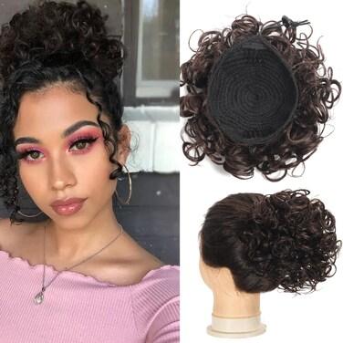 Synthetic Messy Hair Bun Elastic Drawstring Curly Bun Short Ponytail Extension Hairpieces for Women Daily Use (Dark Brown)