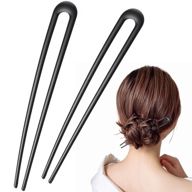 2PCS French Hair Pins for Women, U-Shaped Metal Hair Pins for Long and Thick Hair, 5.9 Inch Extended French Pins Hair Forks for Various Hair Styles (Black)
