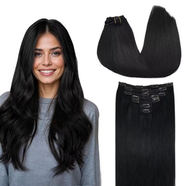 DOORES Human Hair Extensions Clip in Natural Black 120g 7pcs 18 Inch Remy Clip in Hair Extensions Natural Straight Thick Hair