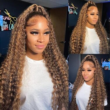 Pizazz 28 Inch Ombre Highlight 13x4 HD Lace Front Wigs Human Hair Pre Plucked 180 Density Deep Wave Lace Frontal Wigs Human Hair for Black Women 12A Glueless Wigs with Baby Hair 28 Inch