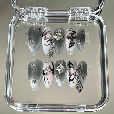 Luxury Handmade Gel Press On Nails Medium Almond, Y2K Dark Aesthetic Fake Stick Glue On Nails, Includes Nail Glue, Mini File, Cuticle Stick, Prep Pads,10 Fake Nails Size M, Punk Elegance