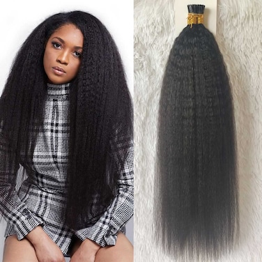 Kinky Straight I Tip Hair Extensions 100 Remy Human Hair Keratin Stick Tipped Hair Extensions Cold Fusion Hairpiece #1B Black 20 Inch 100g/pack 1g/strand
