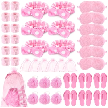 42 Pcs Spa Sleepover Party Supplies Bulk for Girls Include 6 Pink Spa Hairbands 6 Plush Eye Masks 12 Wristbands 6 Bath Loofahs 6 Pairs Disposable Slippers 6 Organizer Bags for Women Slumber Party Gift