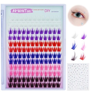 Colored Lash Clusters Individual, AMilHiTon 144Pcs Faux Mink 14mm D Curl 6 Colored Natural Wispy Eye Lashes for Halloween Cosplay Art Party at Home DIY Eyelash Extension(8231 Mixed)