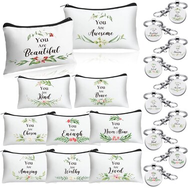 Paterr 10 Sets Inspirational Gifts Bulk for Women 10 Green Leaves Canvas Makeup Bags 10 Inspirational Quote Keychains You Are Amazing Loved Makeup Bag Employee Appreciation Gifts Mother's Day Gifts