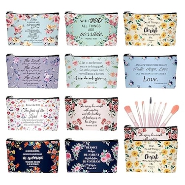 10 Pcs Christian Makeup Bag Bible Pencil Pouch Bible Cover Floral Cosmetic Bags Bulk Inspirational Religious Gifts for Women Return Christmas Church Gifts Baby Shower Prizes Canvas Makeup Bags in Bulk
