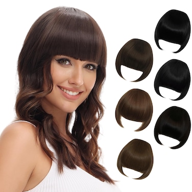 Bangs Hair Clip in Bangs Hair Extensions Synthetic Flat Clip on Bangs Fringe with Temples Front Face Bangs Full Blunt Cut Bangs Natural Black