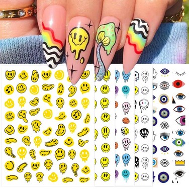 12 Sheets Abstract Smiling Face &amp; Evil Eye Nail Art Stickers, Summer 3D Funny Dripping Melting Smile Self-Adhesive Designs Nail Decals