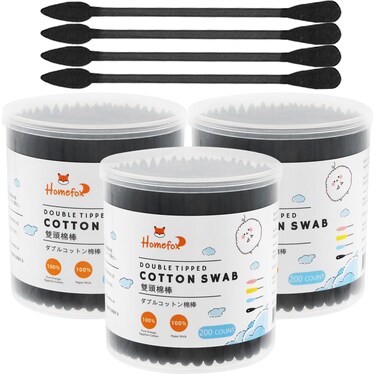 Black Cotton Swabs Precision Pointed - 600 Count Organic Pointy Cotton Bud Double Side Tightly Wrapped Charcoal Cotton Tip Paper Stick Soft Gentle Lint-Free Cruelty-Free Pointy &amp; Round (Black)