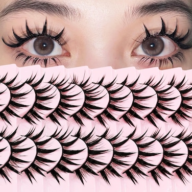 10Pairs Wet Look Manga Lashes Cat Eye Lashes Extensions 16mm Cute Look Lashes, Japanese Manhua Styles Faux Mink Eyelashes for Everyday Wear or Costume Parties (H01)