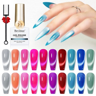 Neon Cat Eye Gel Nail Polish Set 10 Colors: Magnetic Cateye Gel Polish 9D Effect, Sparkle Glitter Bright Red Hot Pink Blue Nail Polish Gel Long Lasting Soak Off Home Salon