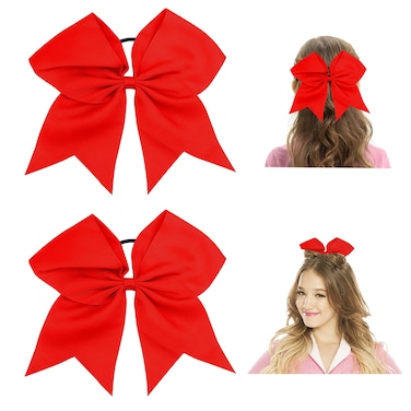 Red Cheer Large 8 Inch Hair Bows for Girls - Cheerleading, Cheerleaders, Softball Ponytail Holders, Scrunchies, and Hair Ties with Bows, 2 Pack