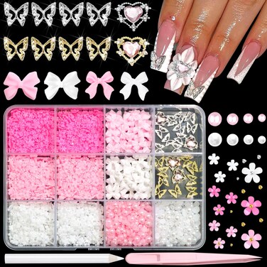 BELICEY 1000PCS Flowers Nail Charms 3D Alloy Butterfly Bow Charms for Nails Pink&amp;White Star Heart Moon Pearls Beads Cute Nail Jewels for Nail Art DIY Crafts with Picker Pencil and Tweezer
