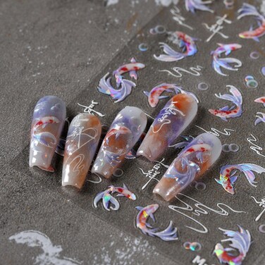 5D Embossed Fish Nail Stickers Koi Nail Art Stickers Self-Adhesive Chinese Nail Decals Chinese Style for Nail Art Bubble Nail Supplies Spring Stickers for Women Girls DIY Manicure