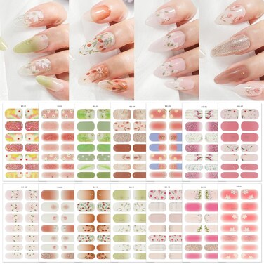 KTAABTR 14 Sheets Gel Nail Strips Stickers Spring Flowers Gloss Nail Wraps Supplies Long Lasting Glitter Nail Stickers Self Adhesive Design Real Nail Polish Decals for Women Girls DIY Manicure Decor