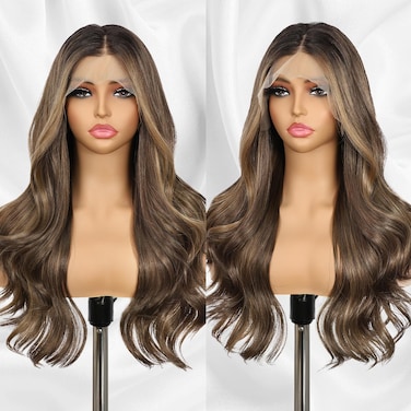 Brown Synthetic Lace Front Wig 13x4 Pre Plucked Highlight Body Wave Lace Front Wig for Women Heat Resistant Hair 22 Inch Daily Use