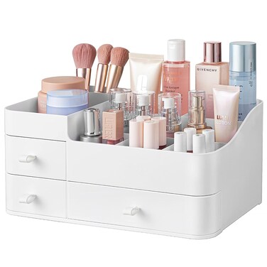 HBlife Makeup Organizer &amp; Skincare Storage - Large Cosmetic Organizer with 3 Drawers, 8 Compartments Vanity Storage Box for Bathroom Counter, White