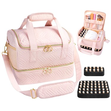 Nail Polish Organizer Bag Holds 50 Bottles (15ml/0.5fl.oz)&amp; Nail Lamp, Soft Velvet Nail Kit Storage Carrying Case with Shoulder Strap, Double Layer Nail Supplies Organizer Handbag Women (Pink)