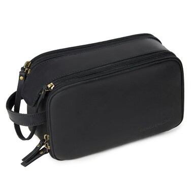 Toiletry Bag for Men, Full Grain Leather Travel Pouch Shaving Dopp Kit Bathroom Toiletries Organizer Bags, Black