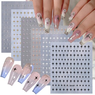 6 Sheets Laser Star Nail Art Stickers Decal 3D Self Adhesive Nail Design Gold Silver Star Nail Decals Supply Black White Star Nail Decals for Women Girls DIY Manicure Star Nail Stickers Decoration