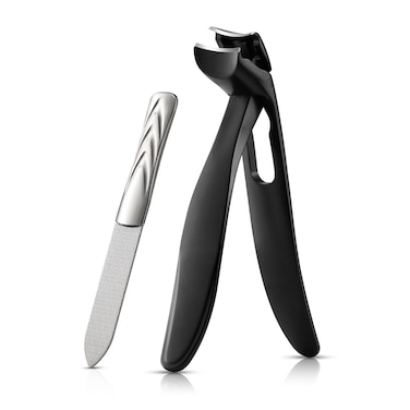 BEZOX Ergonomic Angled Head Senior Toenail Clipper for Thick and Ingrown Nails - Large Finger Nail Clippers Adult with Metal Nail File, Premium Nail Cutter Trimmer for Men and Women - Black