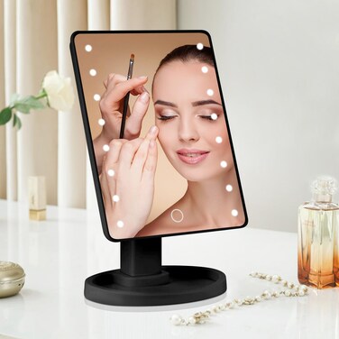 DOUBLEZHE Lighted Vanity Makeup Mirror with 22 Led Lights 180 Degree Free Rotation Lighted Mirror Touch Screen Adjusted Brightness Desk Mirror USB Dual Supply Bathroom Beauty Cosmetic Mirror(Black)