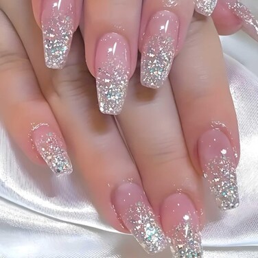 Bling Press on Nails Long Fake Nails Tips Full Cover Sequins False Coffin Nails for Women and Girls 24PCS