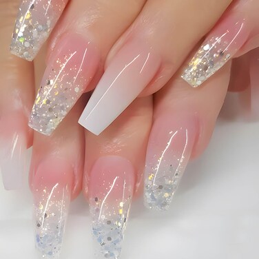 Bling Press on Nails Long Gradient Fake Nails Tips Full Cover False Coffin Nails for Women and Girls 24PCS