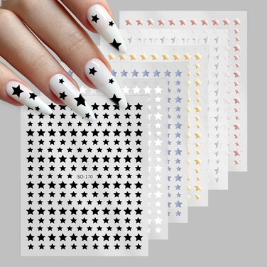 6 Sheets Star Nail Art Stickers Metallic Star Nail Decals 3D Self-Adhesive Holographic Laser Nail Stickers Nail Supplies for Nail Art Design Shiny DIY Manicure Decoration Accessories for Women