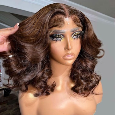 250% Density Loose Deep Wave Brown Lace Front Wigs Human Hair Wear and Go Glueless Short Bob Wigs Human Hair 4x4 HD Lace Closure Wigs with Elastic Band (16inches)