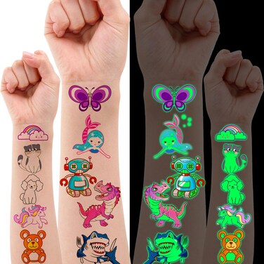 Tattoos for Kids 400 Styles (30 Sheets) Glow in the Dark Kids Tattoos Temporary, Mixed Cute Tattoo with Animal Unicorn Mermaid Space Dinosaur Butterfly Car Dog Cat etc, Glow in the Dark Party Supplies