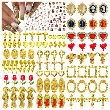 96PCS Gold Nail Charms for Acrylic Nails,Alloy Red Heart Cross Rose Flower Angel Frame Nail Decoration,Nail Art Rhinestone Nail Gems Nail Jewels Accessories for Nail Art Supplies DIY Nail
