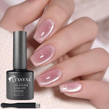 7ml Crystal Cat Eye Gel Nail Polish Magnetic Nail Polish Set Bright Silver UV Gel Polish Shiny Diamond Glitter Gel with Magnet Stick (Rose Pink)