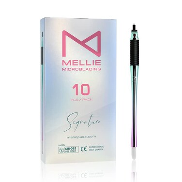 M PACK OF 10 Mellie's Signature Microblading Disposable Pen - Sterilized Blade - Comfortable Rubber Grip With Pigment Sponge (U18 NANO .15mm, Multi Color)