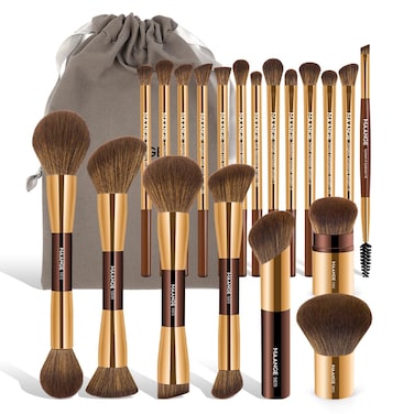 MAANGE 20 PCS Foundation Makeup Brush Set, Double-ended Kabuki Brush Contour Brush for Liquid Powder Concealer Cream Cosmetics Blending Blush Buffing Face Makeup Tools (Coffee Gold)