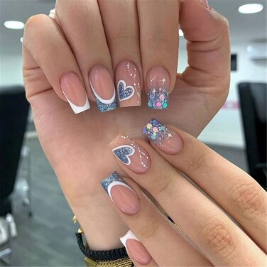 Press on Nails Medium Square Coffin Fake Nails with Glue on Nails Pink with Blue Heart False Nails for Valentine's Day Stick On Nails For Women in 12 Sizes And 24pcs Acrylic Nail set