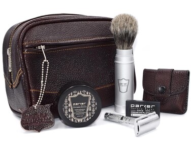 Parker Travel Shave Kit - Includes Dopp Travel Bag, Razor, Shave Brush and Shave Soap