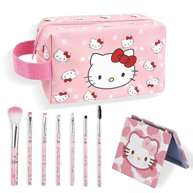 Cute Makeup Bag Set, 1 Makeup Bag and 7 Makeup Brush and 1 Compact Mirror, PU Leather Travel Cosmetic Bag, Gifts for Women Girls