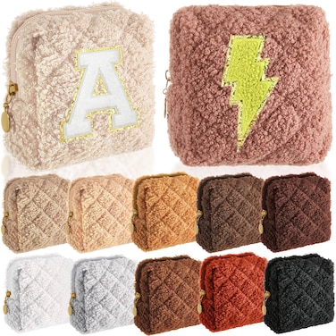 Kacctyen 12 Pcs Mini Makeup Bag Fuzzy Small Makeup Bag Mini Square Plush Pouch with Zipper Small Cosmetic Pouch Zipper Travel Toiletry Bag for Women Travel (White,Black,Brown)