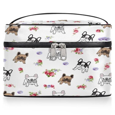 Makeup Bag,French Bulldog Flower Cosmetic Bags for Woman Girls,Portable Large Capacity Travel Makeup Case Organizer Cosmetic Case Travel Essential