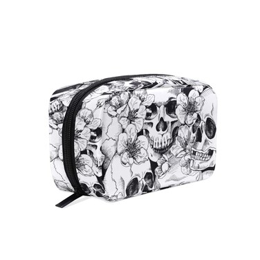Makeup Pouch Sugar Skull Mexican Floral Halloween Mini Makeup Bag Organizer Travel Zip Toiletry Bag Small Cosmetic Train Case Beauty Bag for Teens Girls Women Black White