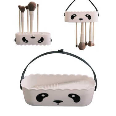 Makeup Brush Cleaner Mat Silicone Makeup Brush Cleaner Bowl Puff Makeup Sponge Washed drying and drying the cosmetics Beauty Tool Storage Box (White Panda)