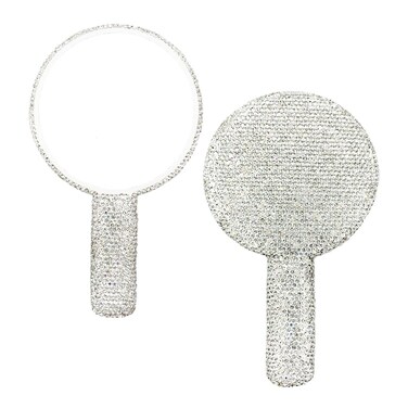 LOPURO Sparkling Rhinestone Round Shaped Handheld Mirror, Rhinestone Handheld Round Mirror Bling Glitter Cute Cosmetic Hand Mirror with Handle Portable Makeup Mirror for Women Travel