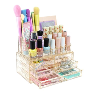 Ikee Design Acrylic Makeup Organizer with 4 Drawers Removable Top Lipstick Holders, Cosmetics Organizer for Skincare, Accessories, Lip Gloss for Vanity or Bathroom Countertop, Gold Glitter