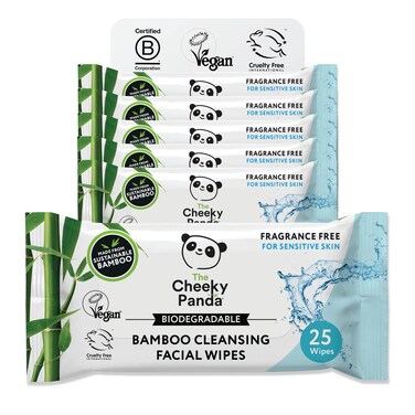 The Cheeky Panda Bamboo Face Cleanser Makeup Remover Wipes   6 Packs of 25 Face Wipes   99% Purified Water Wipes   Plant Based &amp; Vegan Wet Wipes   Sustainable Alternative