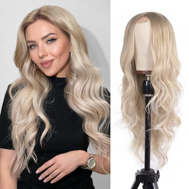 Long Ash Blonde Wavy Wig for Women -26inch Middle Part Long Dirty Blonde Curly Wavy Wig Heat Resistant Synthetic Hair Looking Natural, Fiber Wig for Daily Party Use